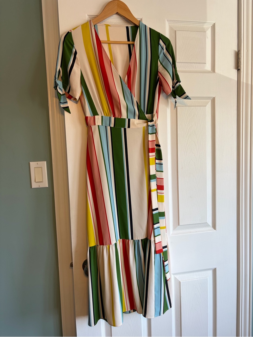 Mango Multicolor Striped Wrap Midi Dress - Green, Red, Yellow, Cream, Blue